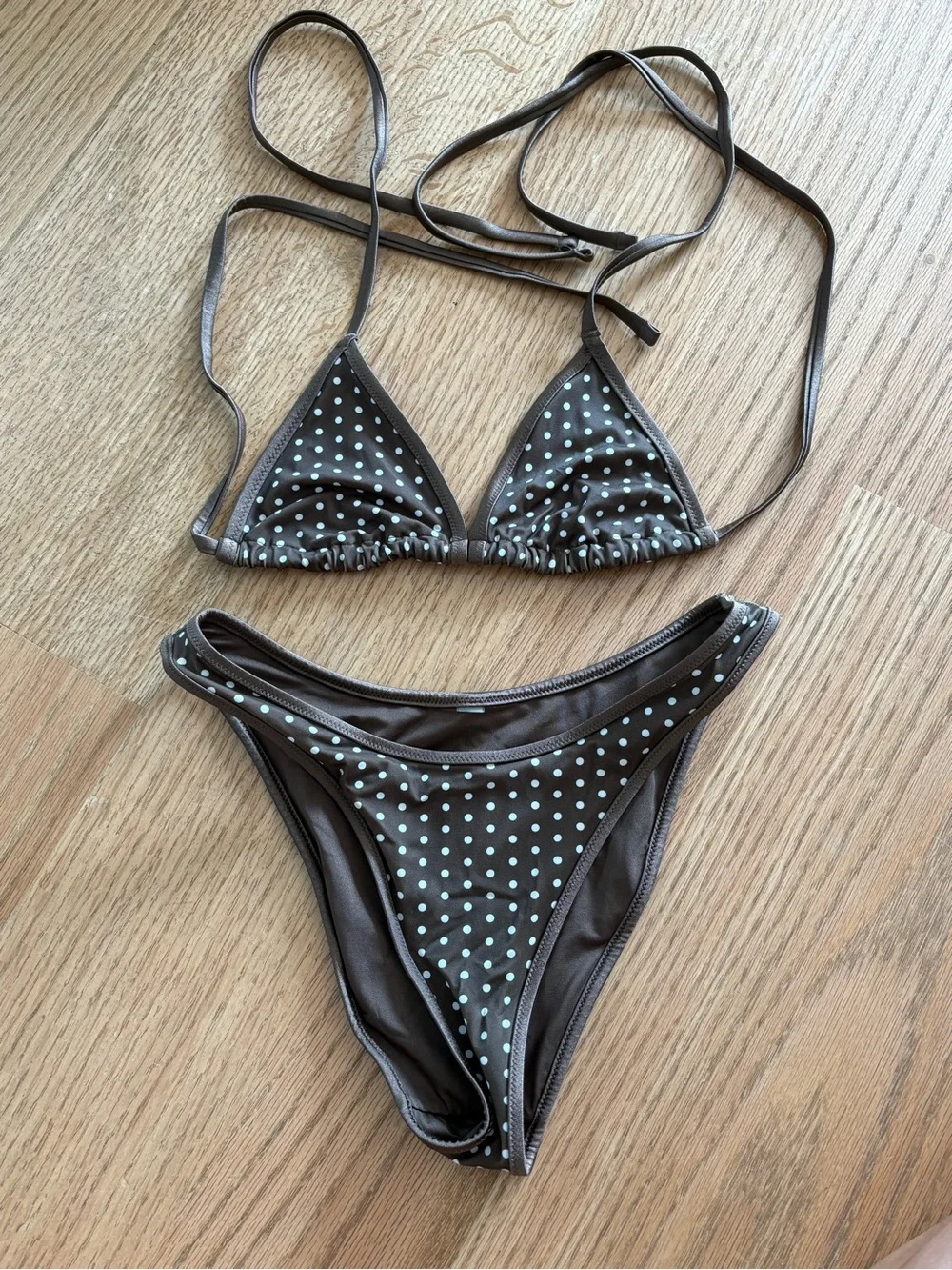 Frankie's Bikinis Brown Triangle Bikini with  Polka Dots